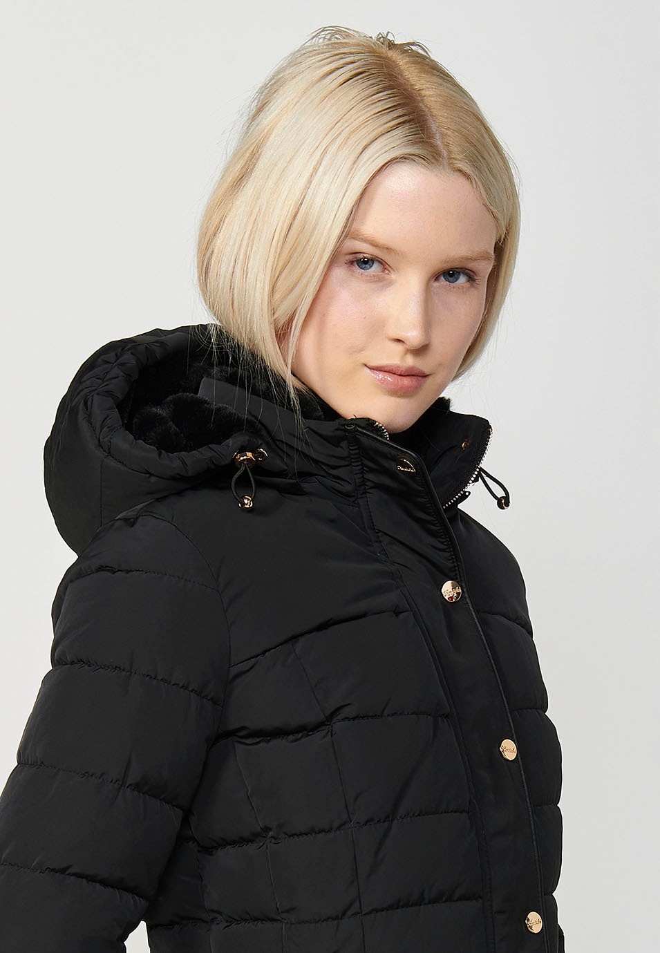 Women's Quilted Hooded Collar Jacket with Front Zip Closure in Black 6