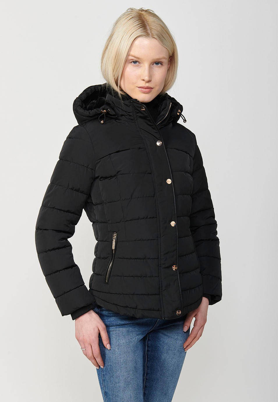 Women's Quilted Hooded Collar Jacket with Front Zip Closure in Black 7