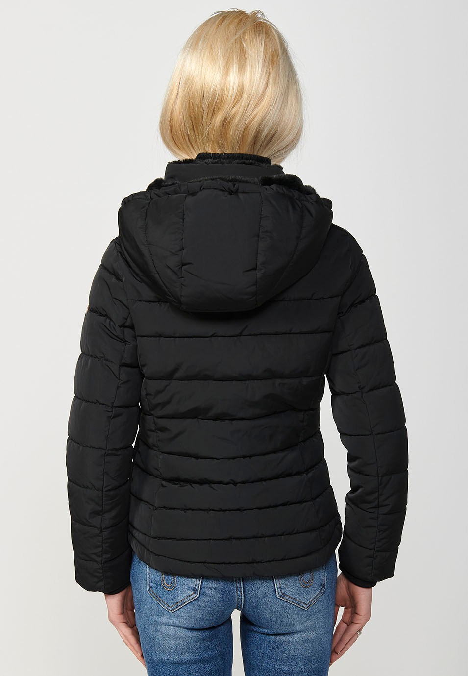 Women's Quilted Hooded Collar Jacket with Front Zip Closure in Black 2