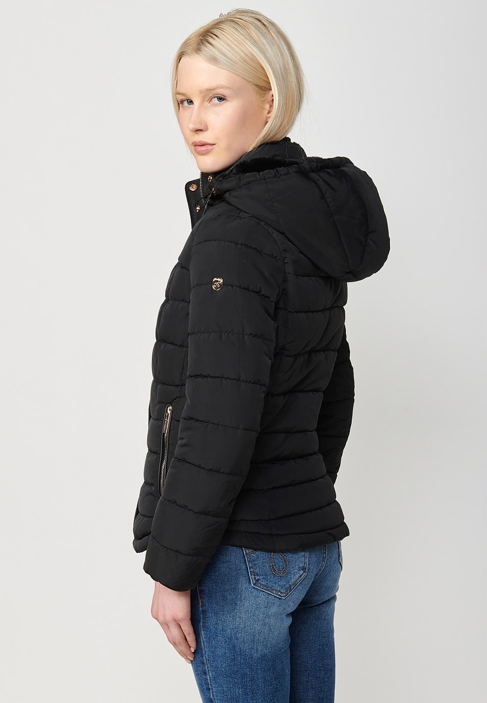 Women's Quilted Hooded Collar Jacket with Front Zip Closure in Black 8