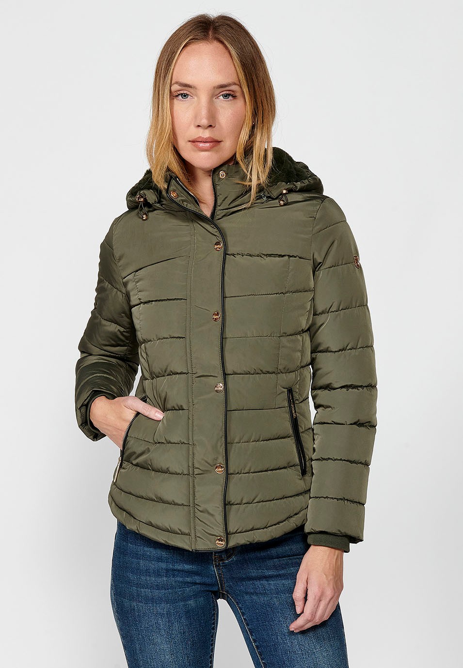 Women's Khaki Hooded Collar Zip Front Quilted Jacket