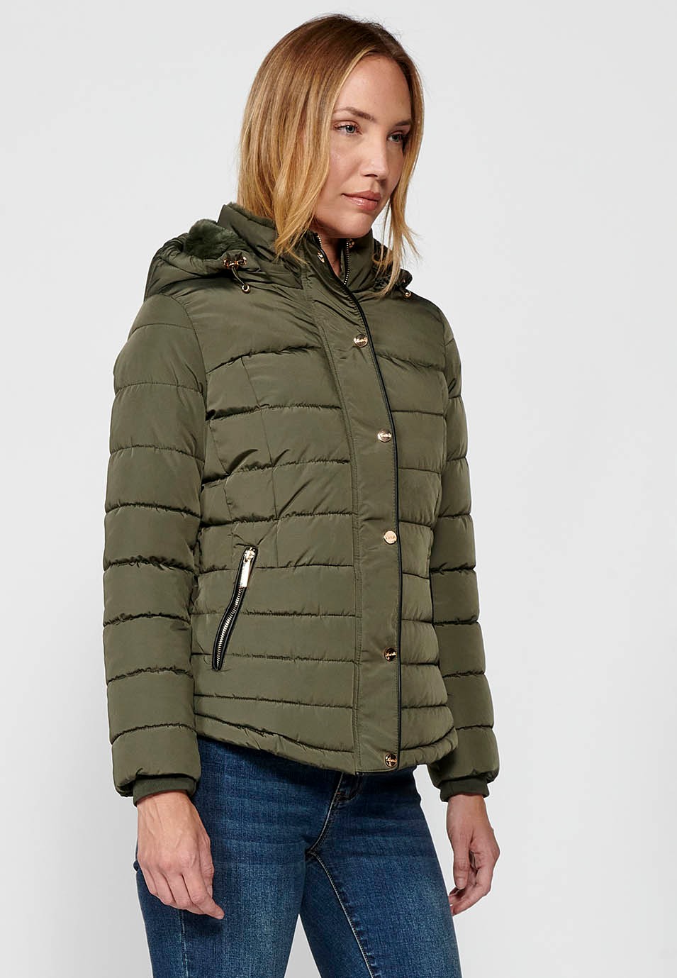 Women's Khaki Hooded Collar Zip Front Quilted Jacket 9