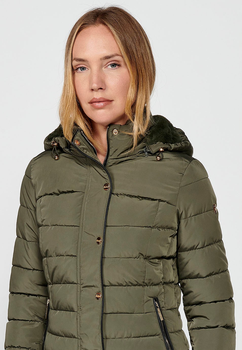 Women's Khaki Hooded Collar Zip Front Quilted Jacket 3