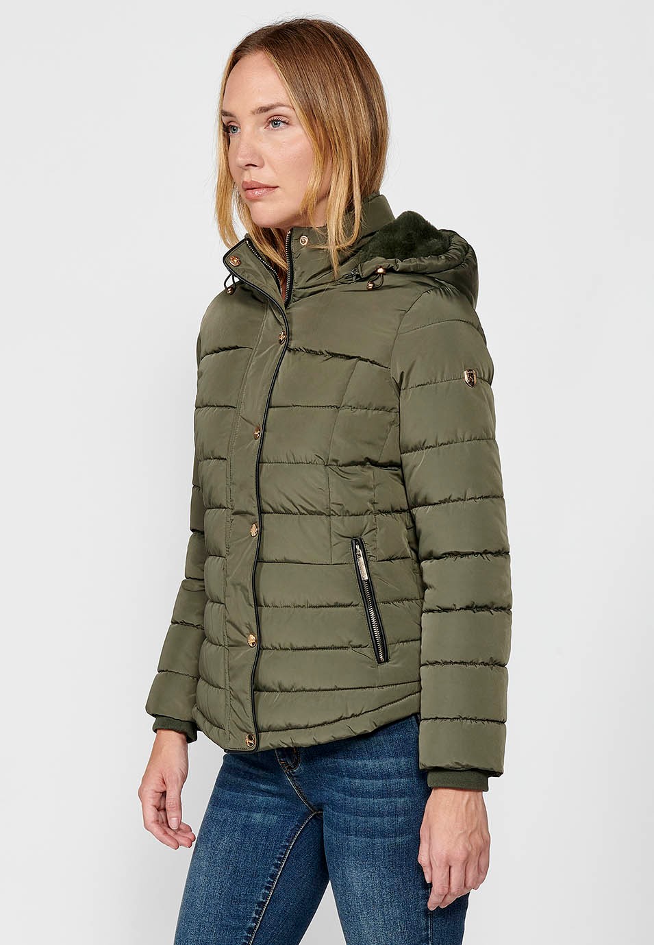 Women's Khaki Hooded Collar Zip Front Quilted Jacket 2