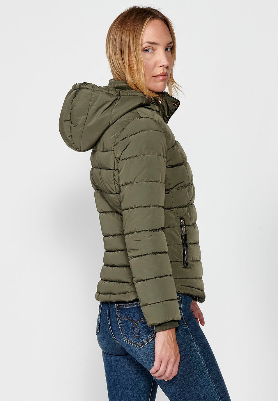 Women's Khaki Hooded Collar Zip Front Quilted Jacket 4