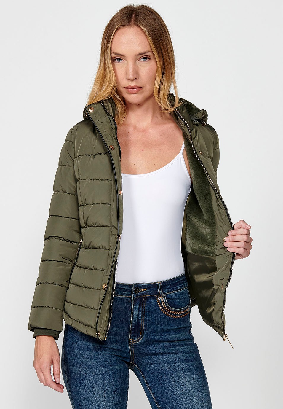 Women's Khaki Hooded Collar Zip Front Quilted Jacket 1