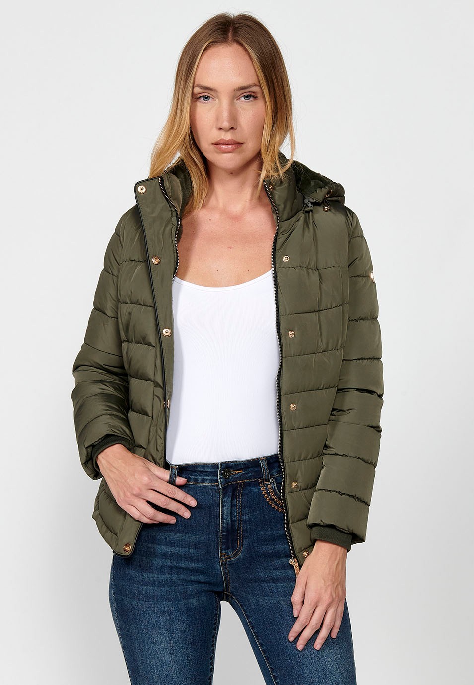 Women's Khaki Hooded Collar Zip Front Quilted Jacket 6