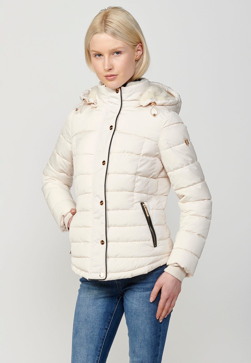 Women's Quilted Jacket with Collar and Hood with Front Zip Closure in Ecru 7