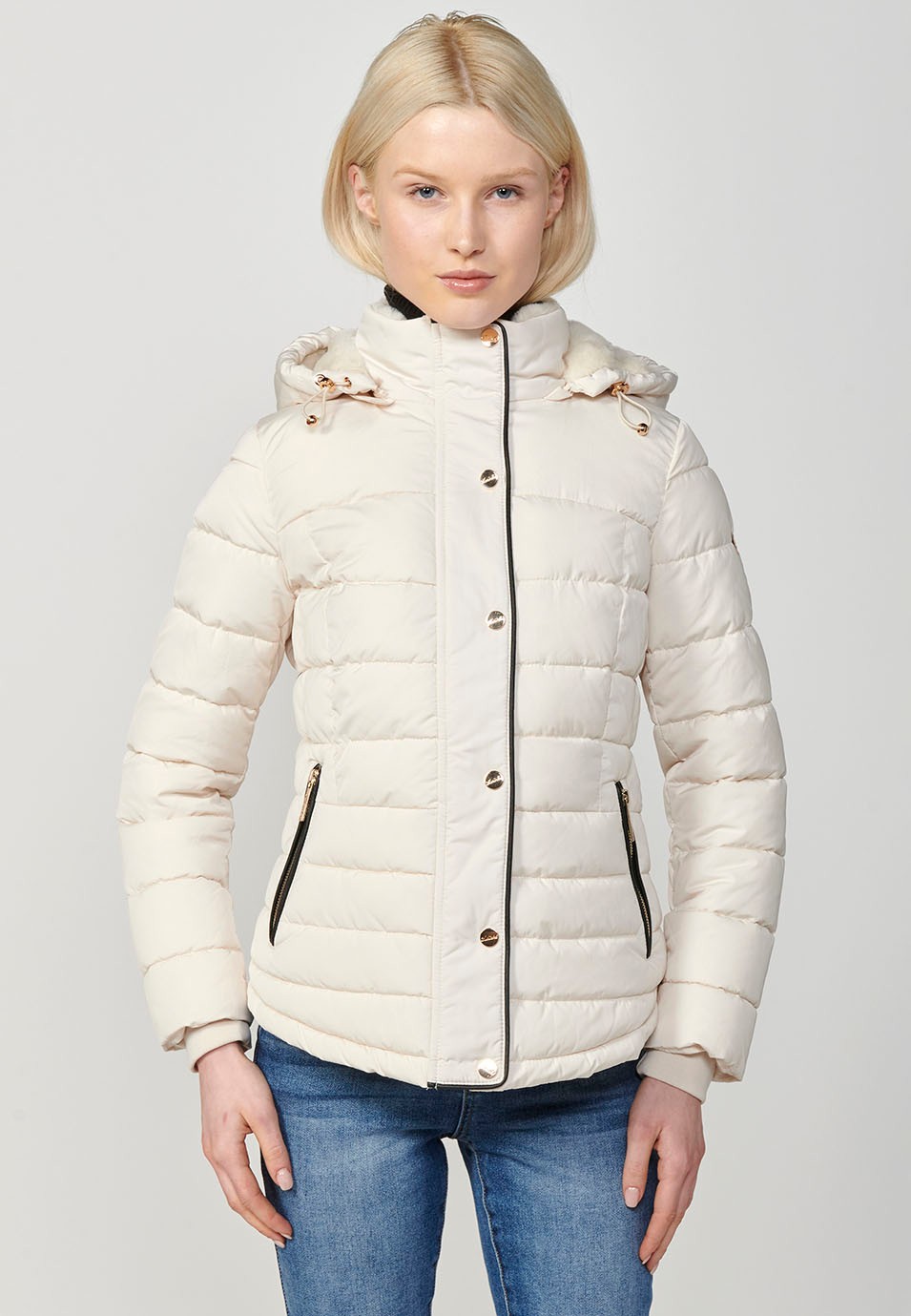 Women's Quilted Jacket with Collar and Hood with Front Zip Closure in Ecru 4