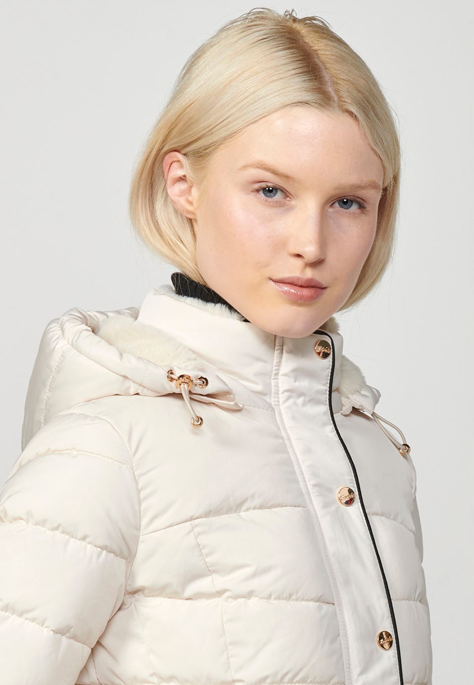 Women's Quilted Jacket with Collar and Hood with Front Zip Closure in Ecru 3