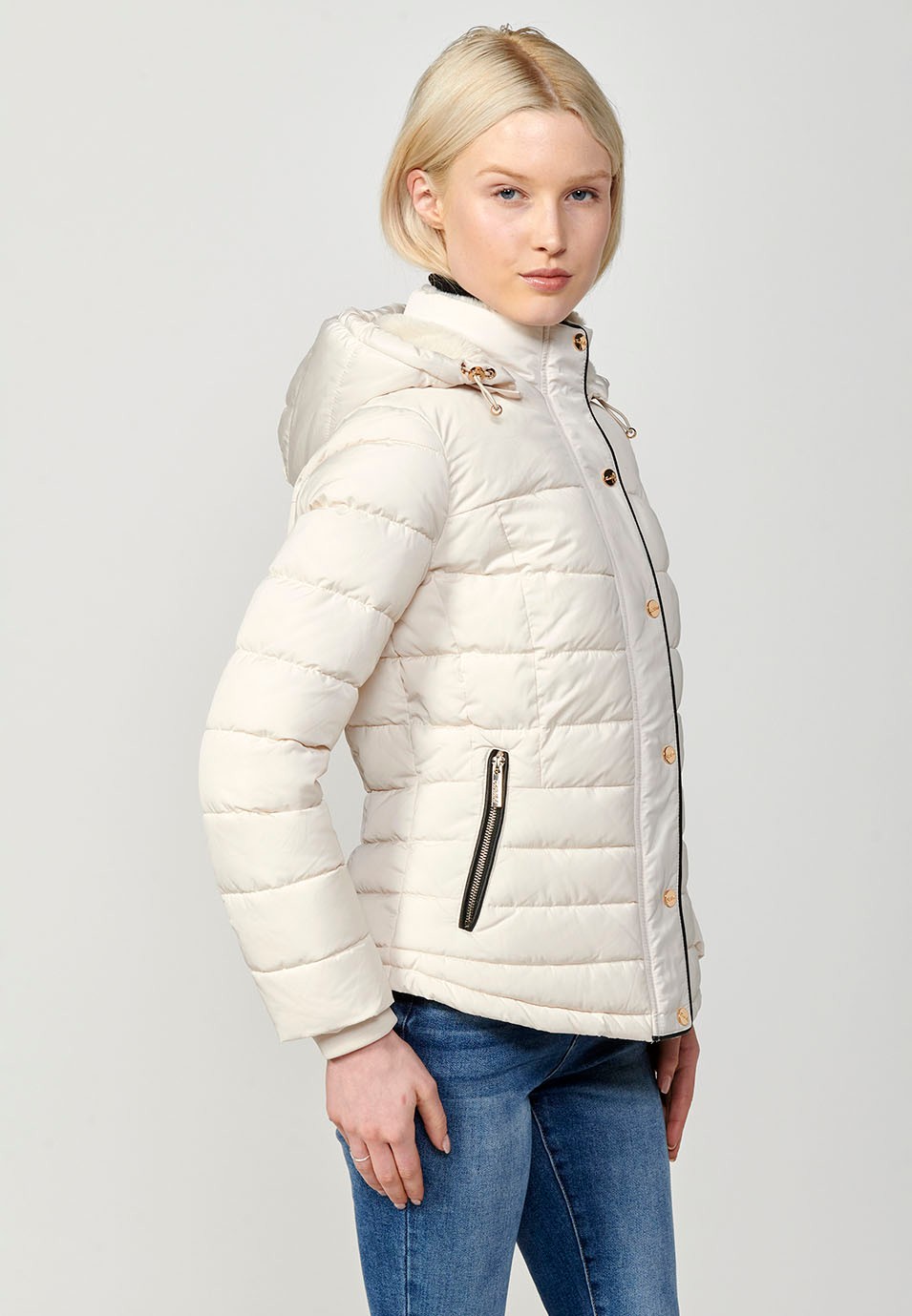 Women's Quilted Jacket with Collar and Hood with Front Zip Closure in Ecru 6