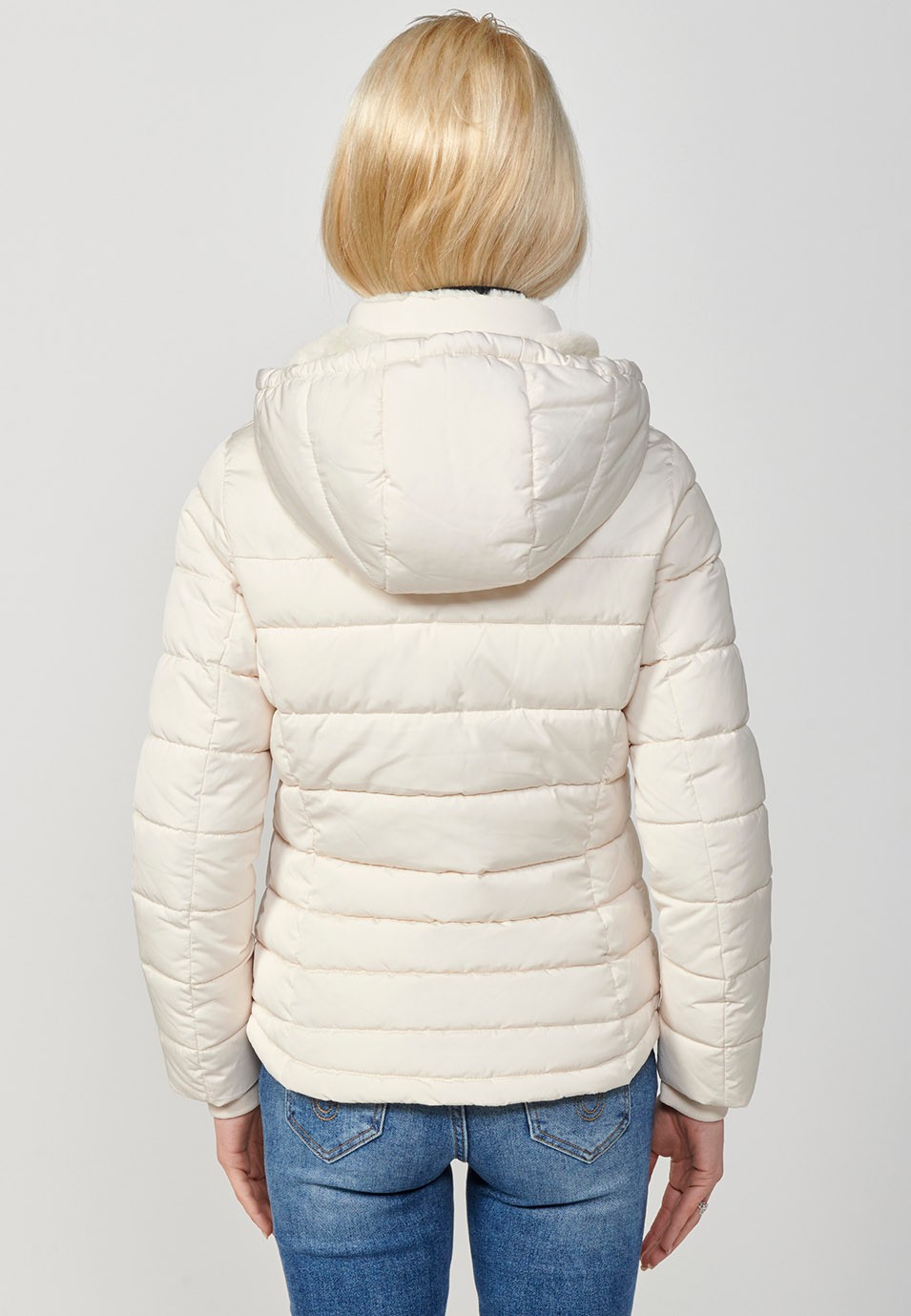 Women's Quilted Jacket with Collar and Hood with Front Zip Closure in Ecru 2