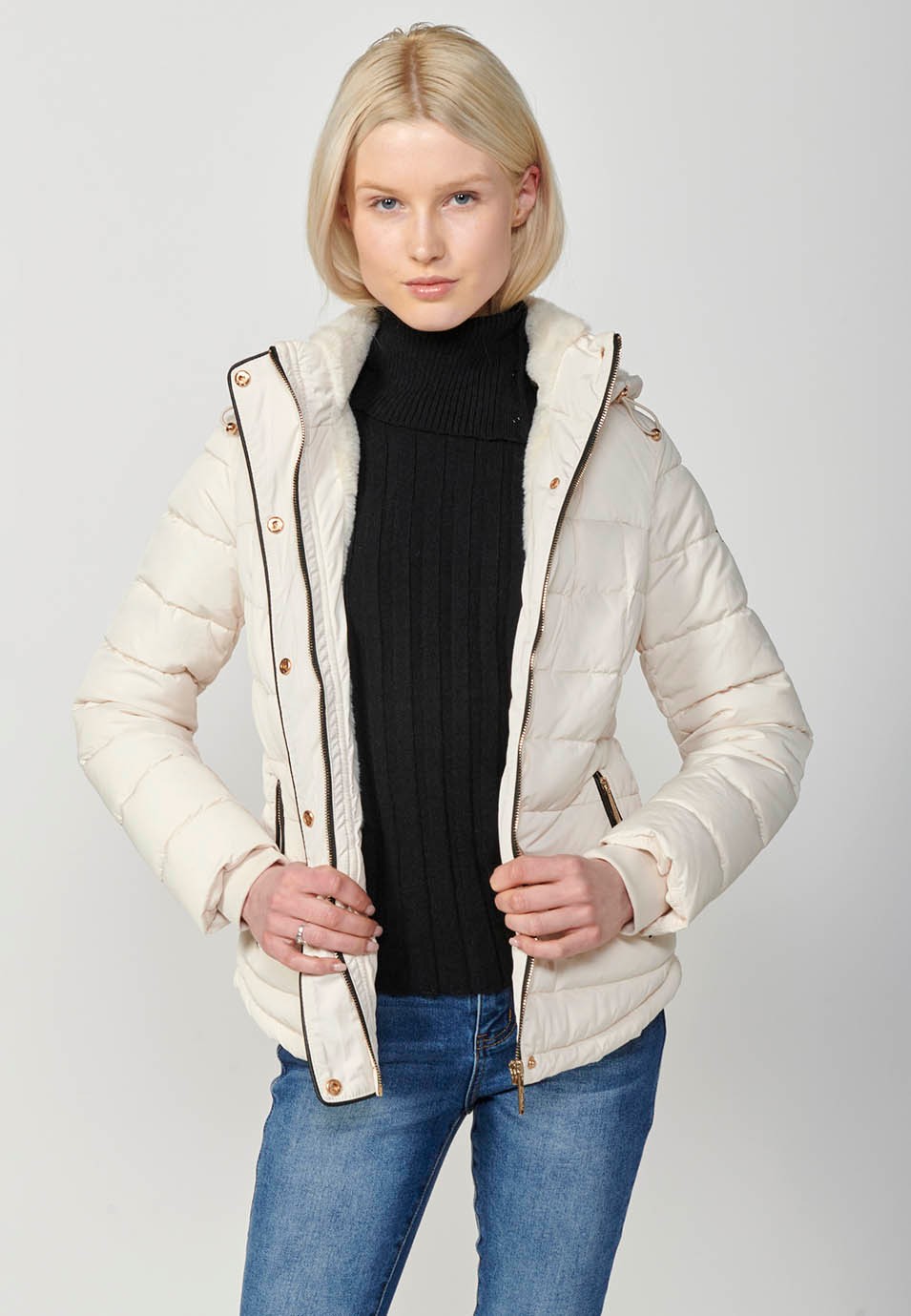 Women's Quilted Jacket with Collar and Hood with Front Zip Closure in Ecru 8