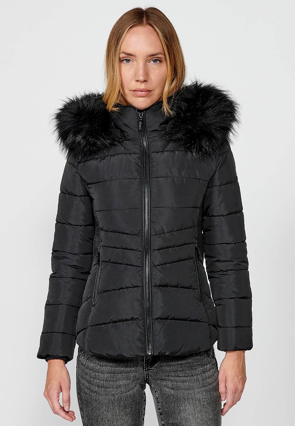 Women's Quilted Faux Fur Collar Hooded Zip Front Jacket in Black