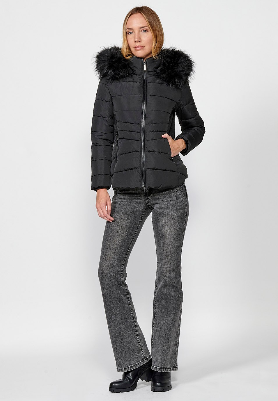 Women's Quilted Faux Fur Collar Hooded Zip Front Jacket in Black 9