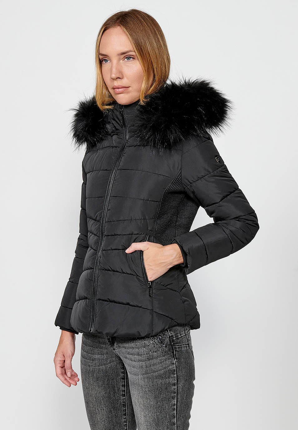 Women's Quilted Faux Fur Collar Hooded Zip Front Jacket in Black 2