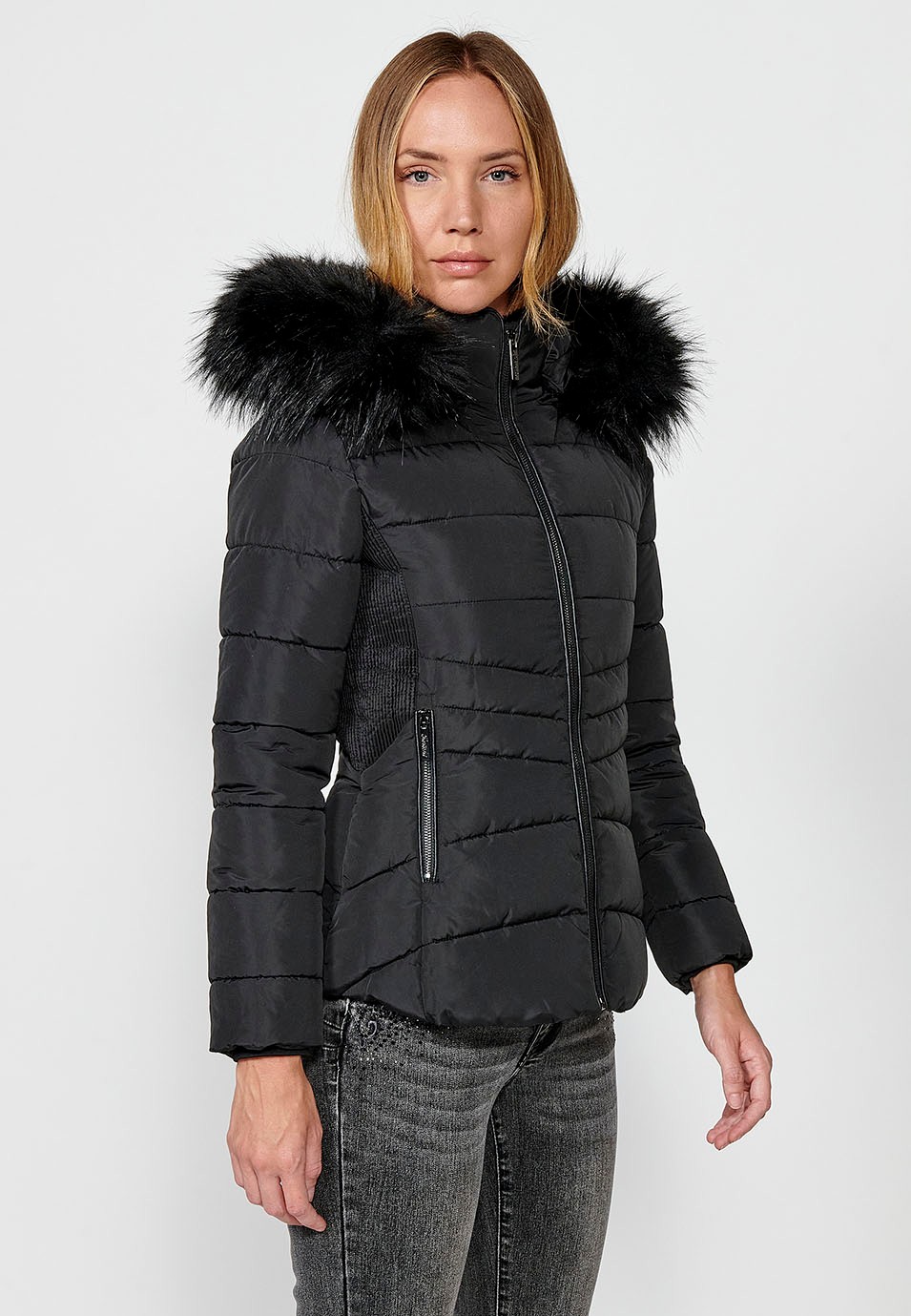 Women's Quilted Faux Fur Collar Hooded Zip Front Jacket in Black 4