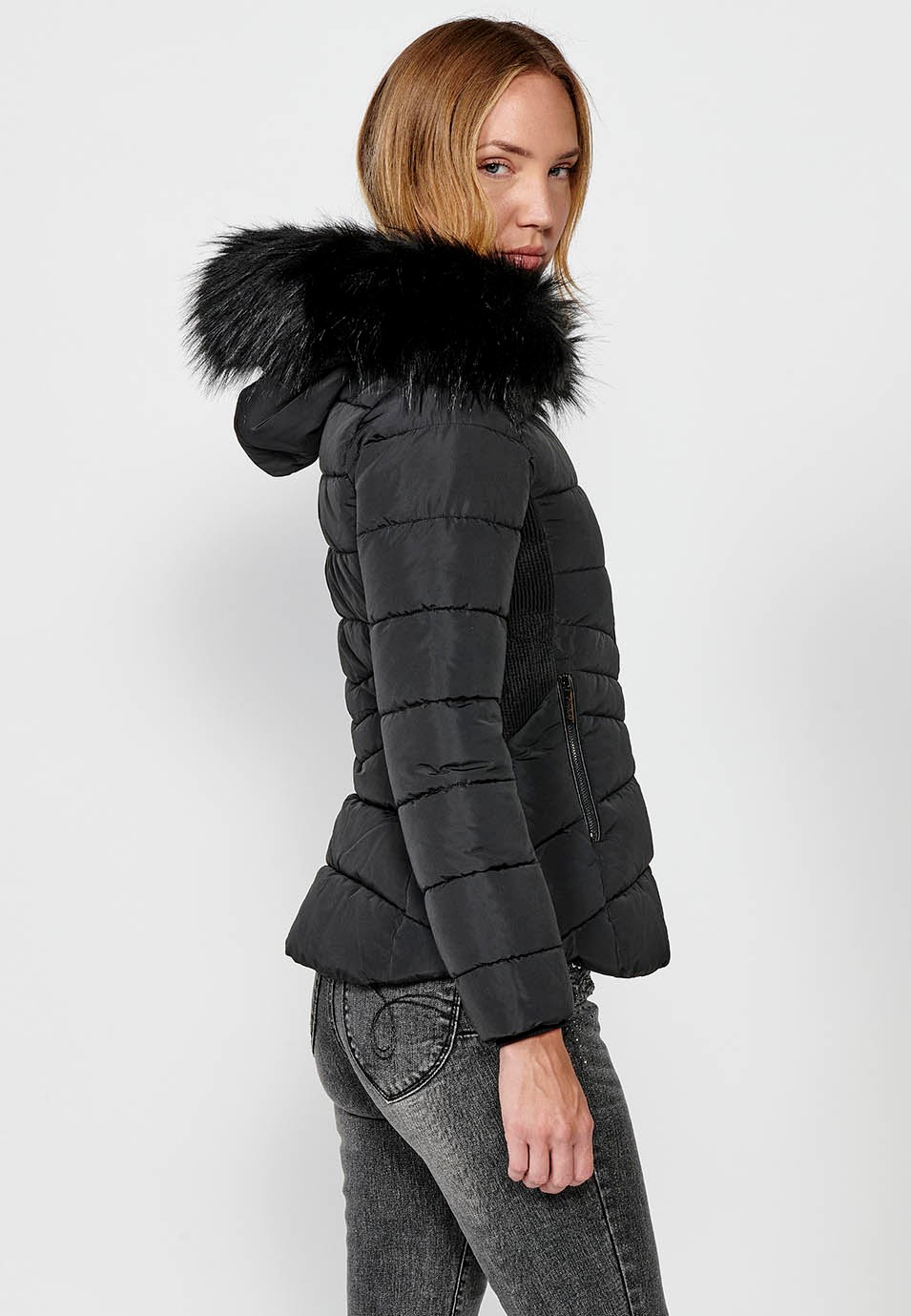 Women's Quilted Faux Fur Collar Hooded Zip Front Jacket in Black 8