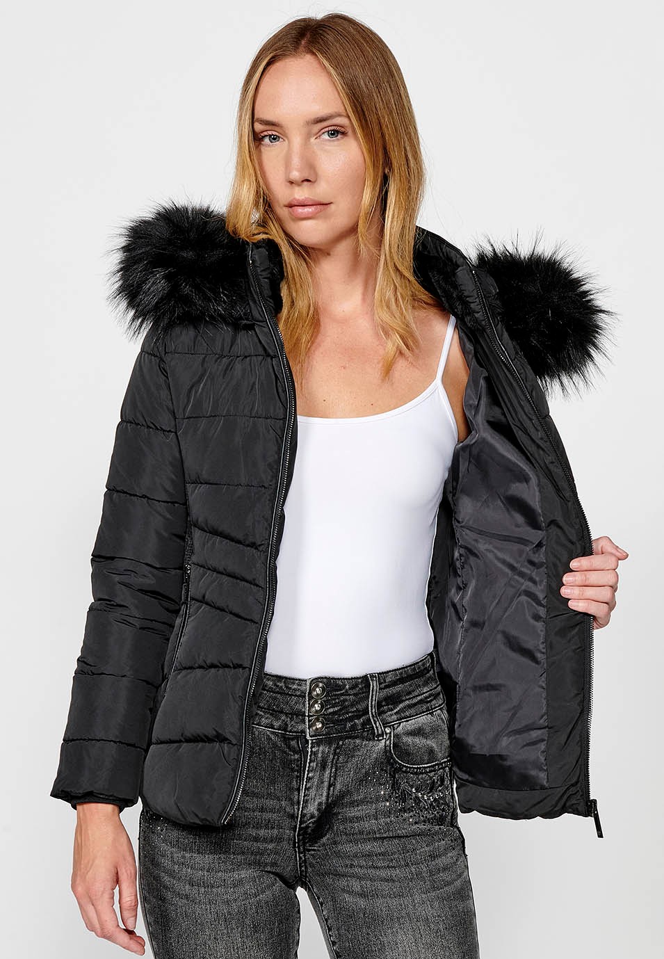 Women's Quilted Faux Fur Collar Hooded Zip Front Jacket in Black 1