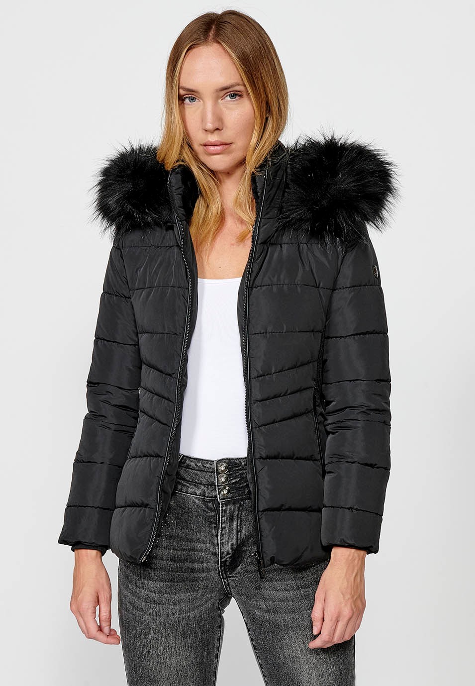 Women's Quilted Faux Fur Collar Hooded Zip Front Jacket in Black 7