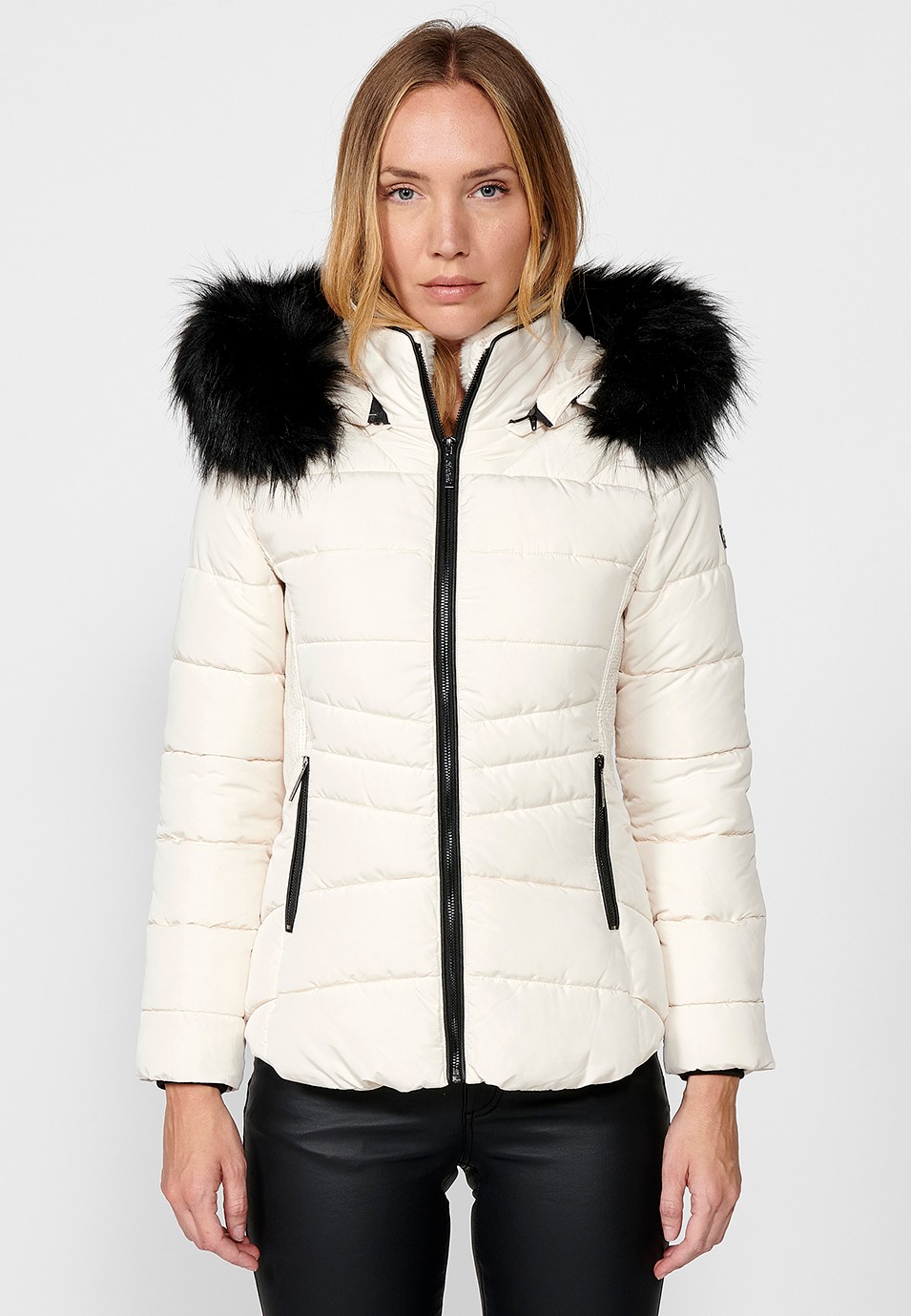 Women's Quilted Faux Fur Collar and Hood Zip Front Jacket in Ecru