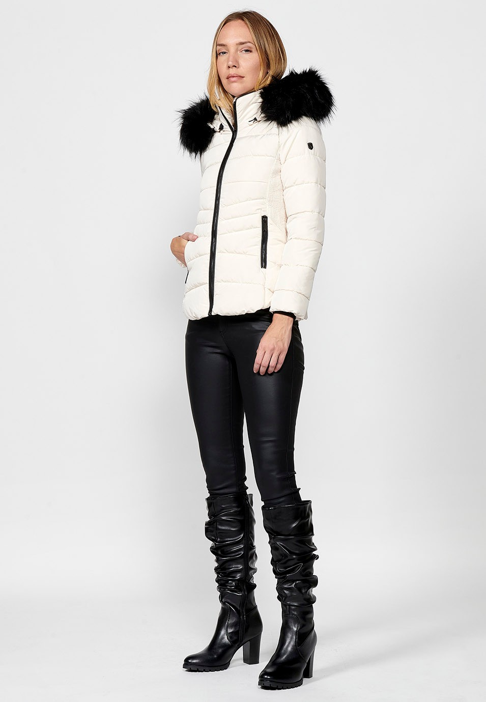 Women's Quilted Faux Fur Collar and Hood Zip Front Jacket in Ecru 3