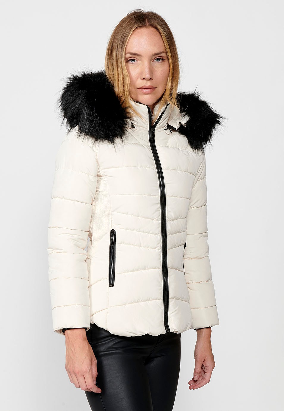 Women's Quilted Faux Fur Collar and Hood Zip Front Jacket in Ecru 7