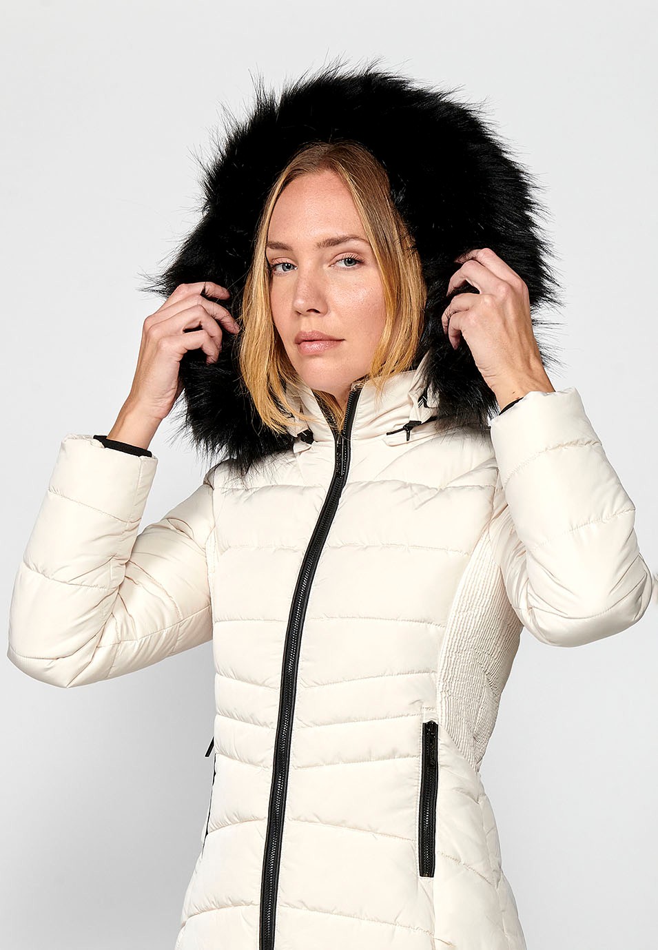 Women's Quilted Faux Fur Collar and Hood Zip Front Jacket in Ecru 6