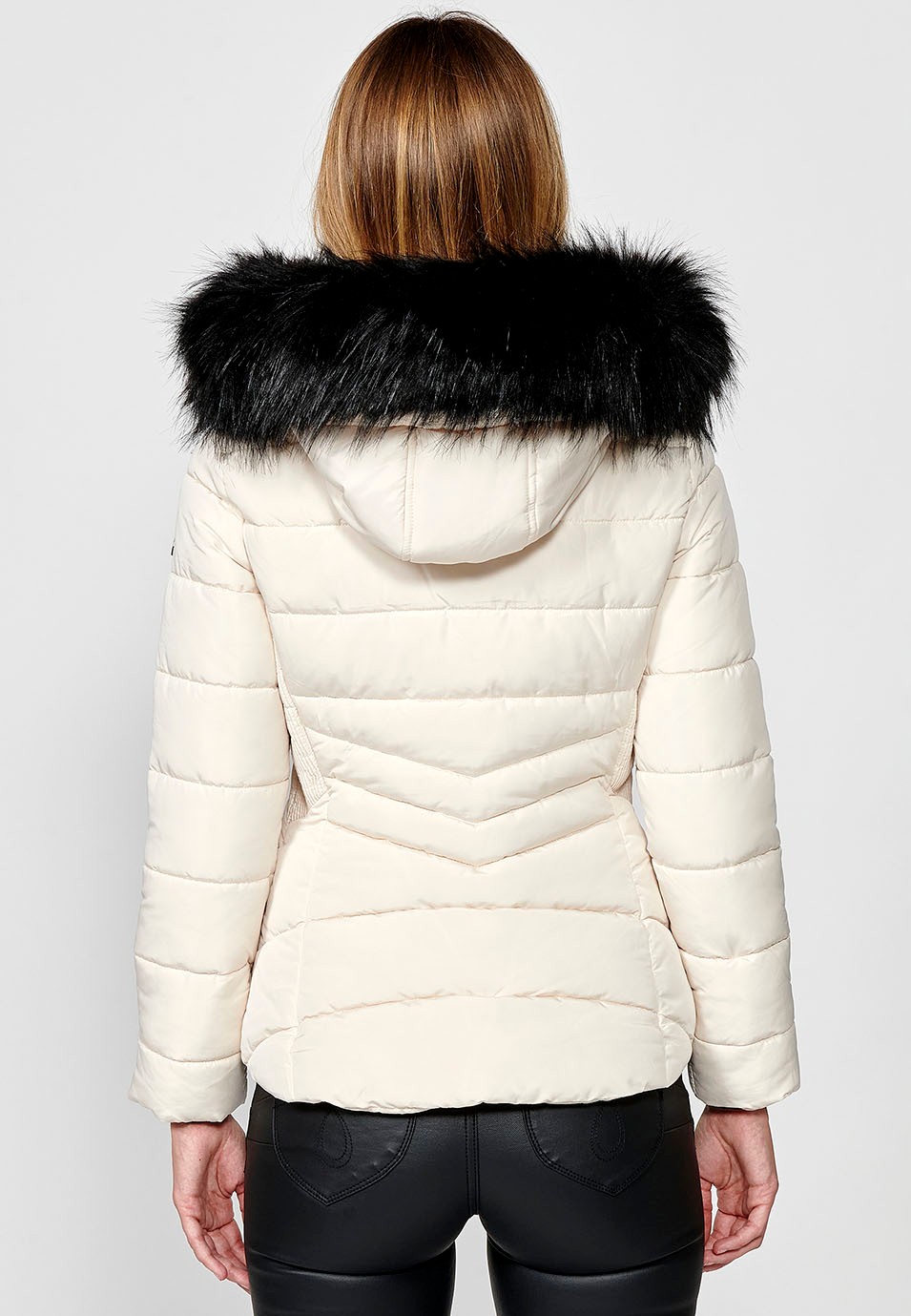 Women's Quilted Faux Fur Collar and Hood Zip Front Jacket in Ecru 4