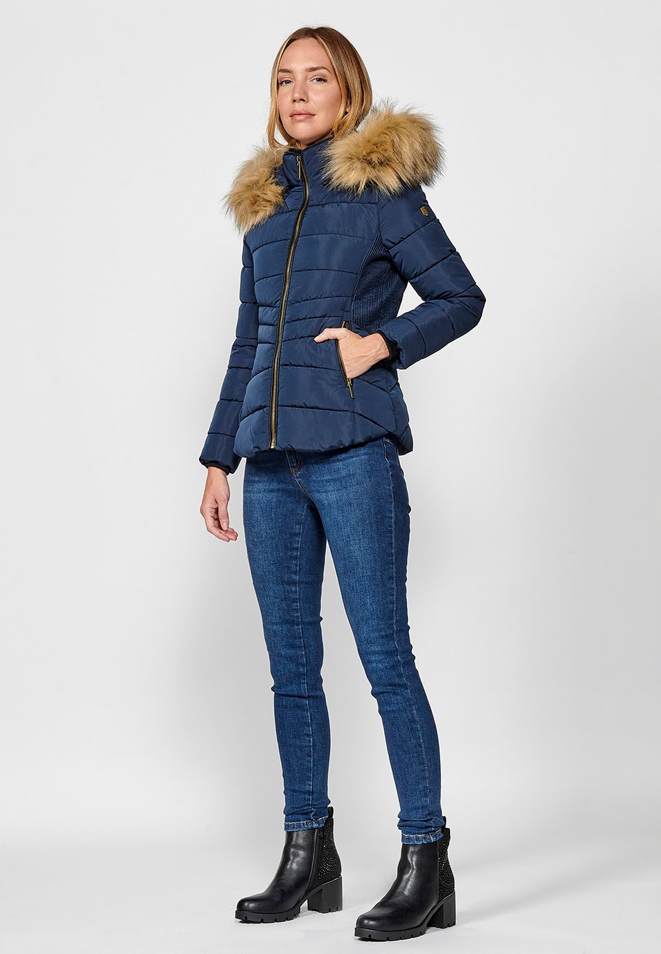 Women's Quilted Faux Fur Collar Hooded Zip Front Jacket in Navy 8