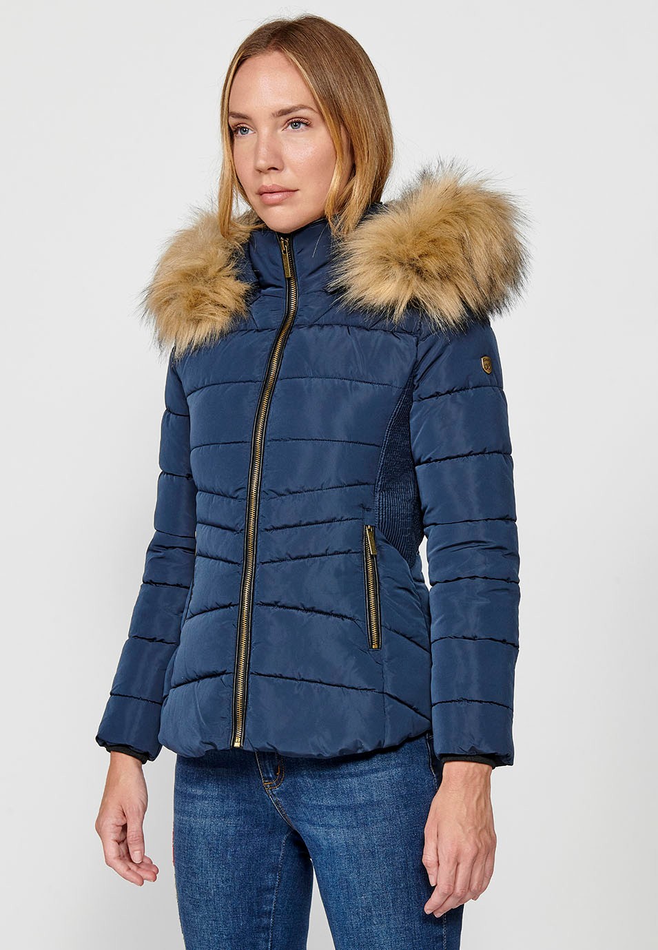 Women's Quilted Faux Fur Collar Hooded Zip Front Jacket in Navy 3