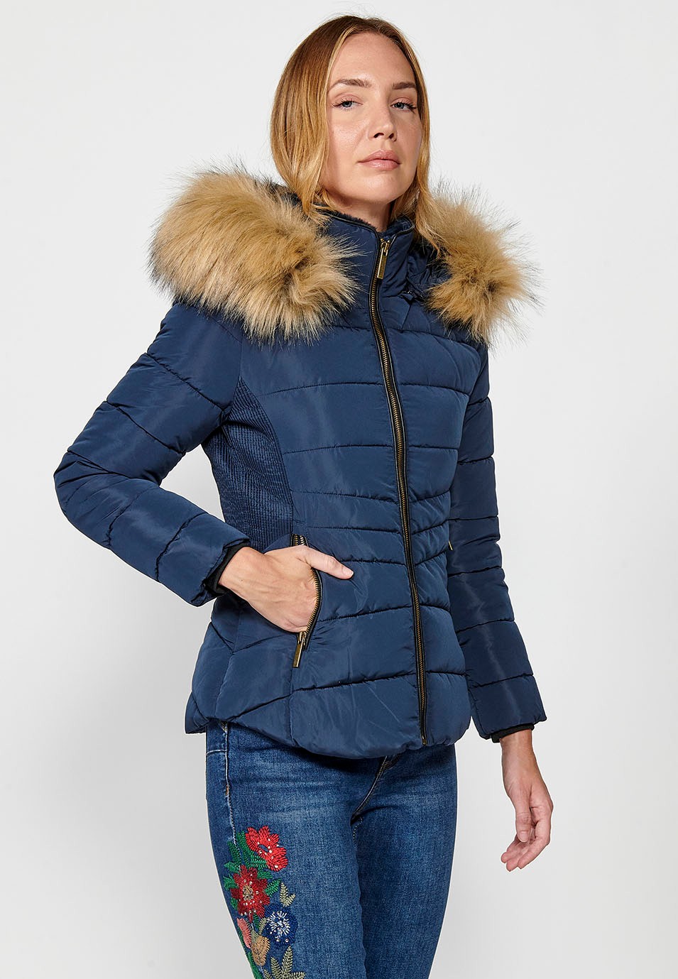 Women's Quilted Faux Fur Collar Hooded Zip Front Jacket in Navy 7