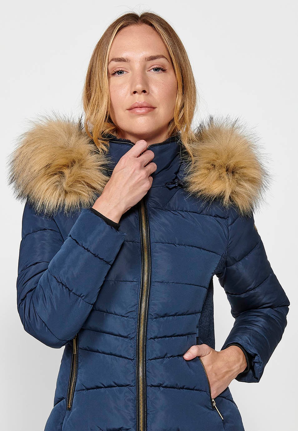 Women's Quilted Faux Fur Collar Hooded Zip Front Jacket in Navy 2