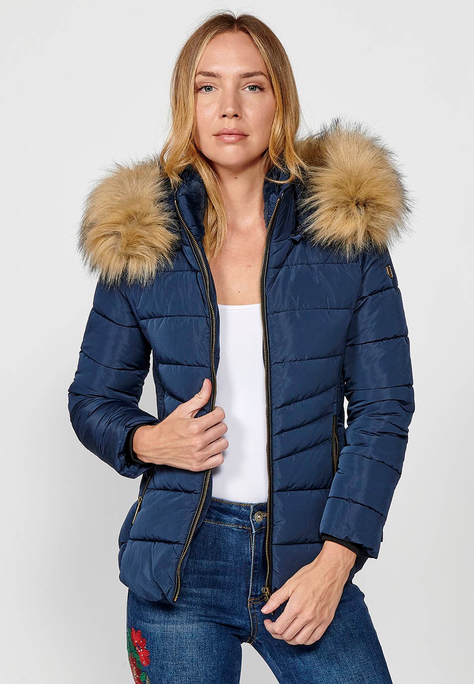 Women's Quilted Faux Fur Collar Hooded Zip Front Jacket in Navy 5