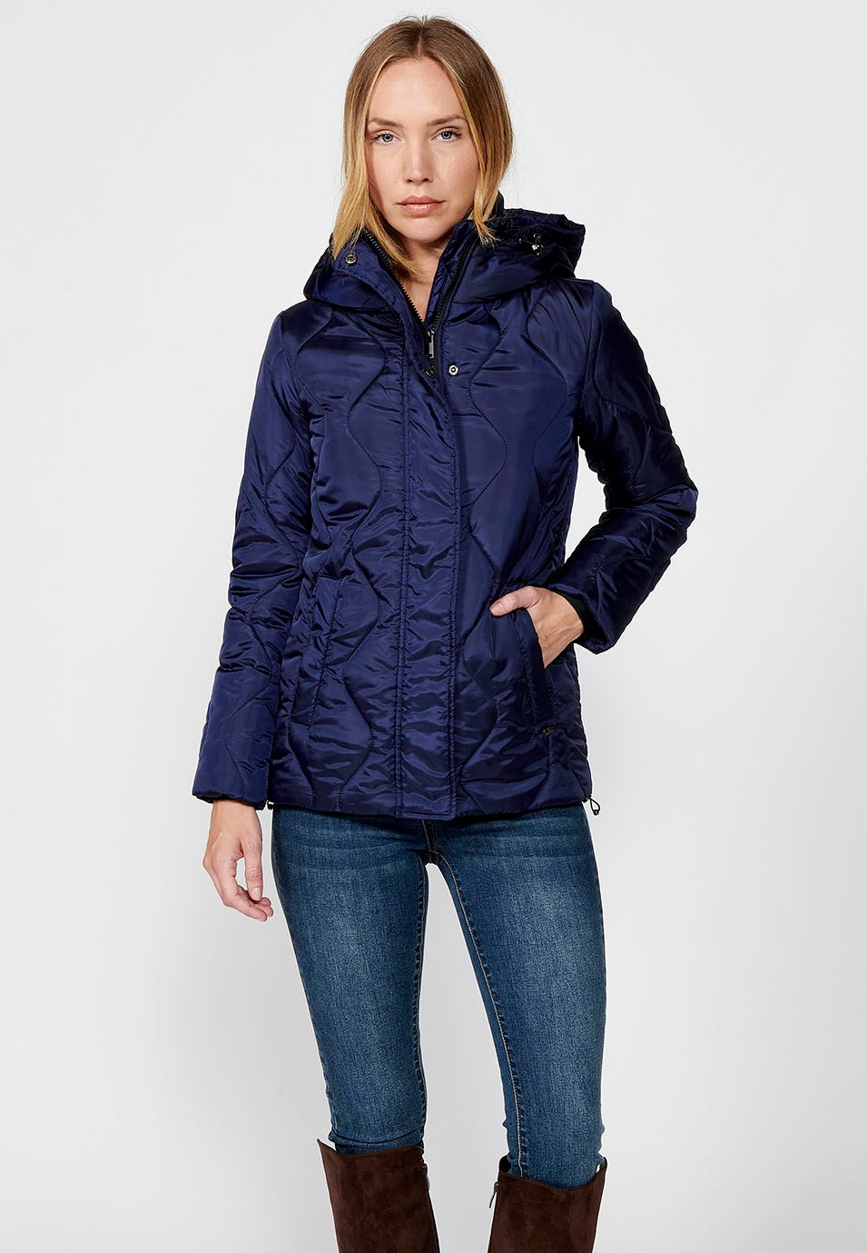 Women's Quilted Jacket with Lining and Short Pile Fabric on Top with Adjusters on Hood and Hem in Navy