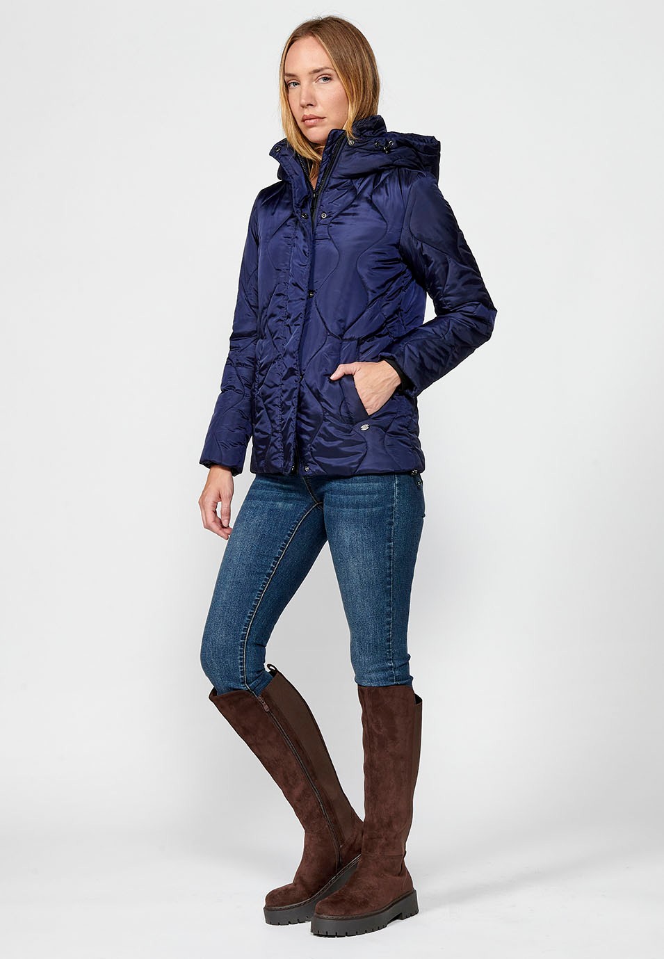 Women's Quilted Jacket with Lining and Short Pile Fabric on Top with Adjusters on Hood and Hem in Navy 7