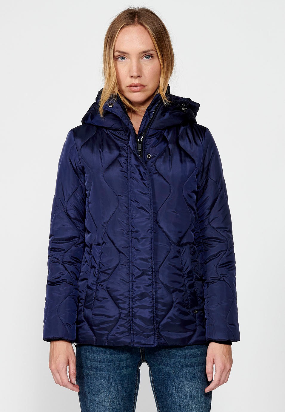 Women's Quilted Jacket with Lining and Short Pile Fabric on Top with Adjusters on Hood and Hem in Navy 3