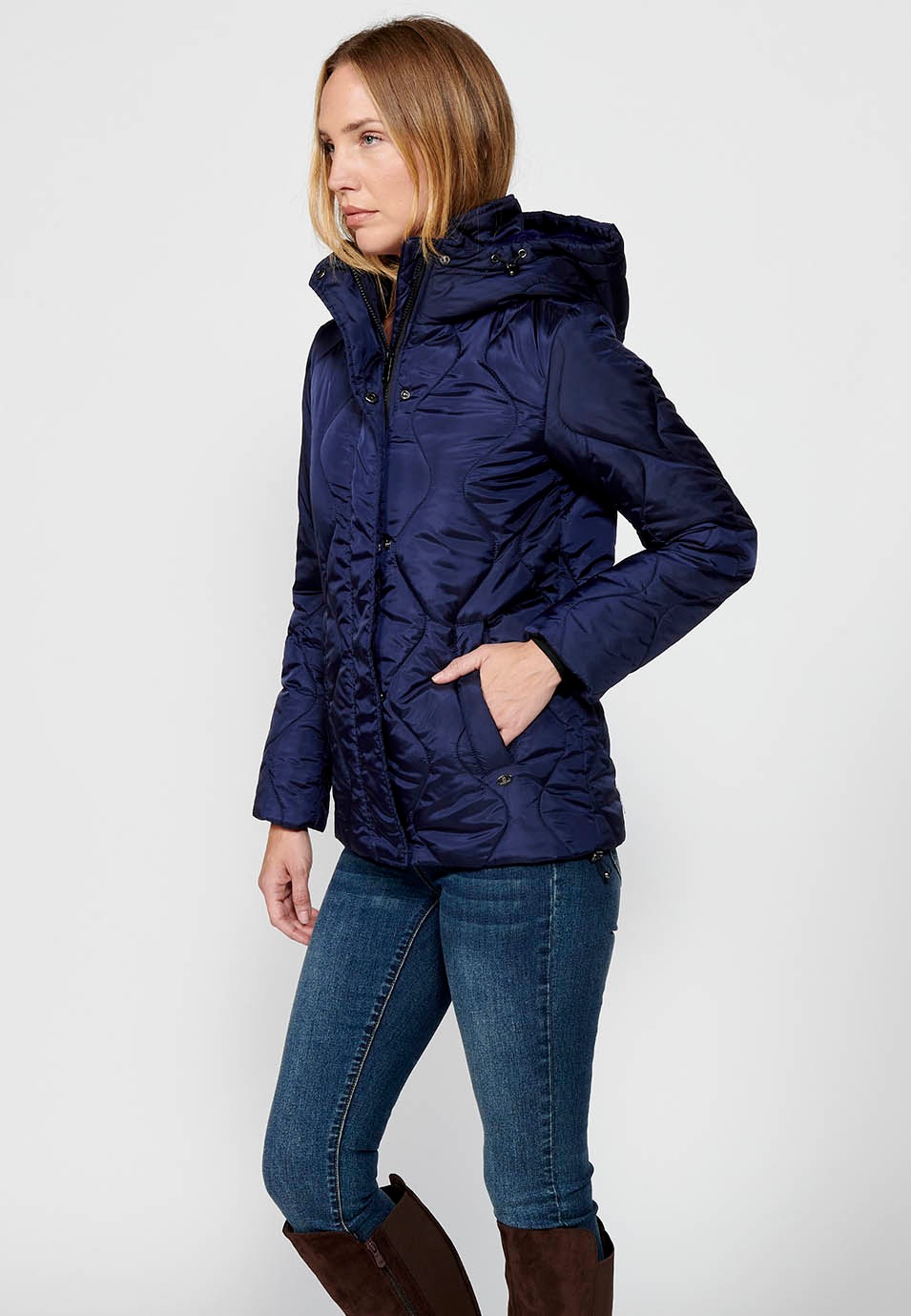 Women's Quilted Jacket with Lining and Short Pile Fabric on Top with Adjusters on Hood and Hem in Navy 1