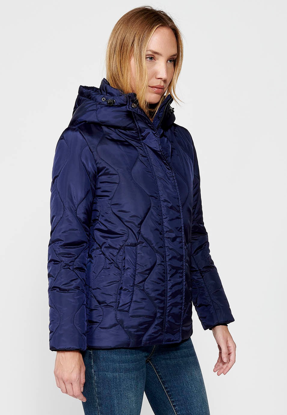 Women's Quilted Jacket with Lining and Short Pile Fabric on Top with Adjusters on Hood and Hem in Navy 6