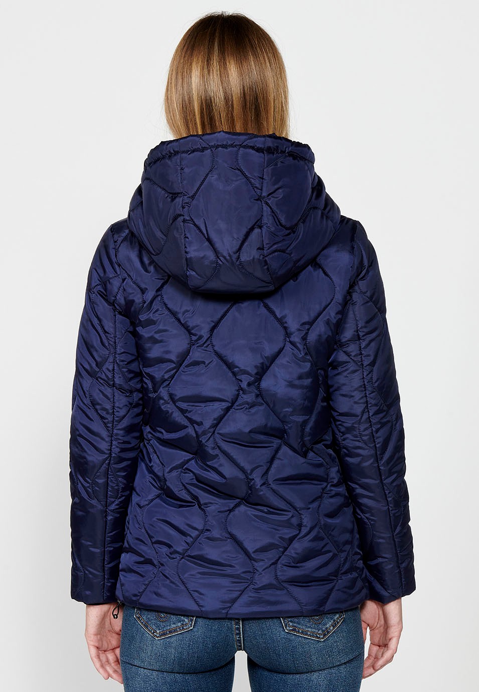 Women's Quilted Jacket with Lining and Short Pile Fabric on Top with Adjusters on Hood and Hem in Navy 5