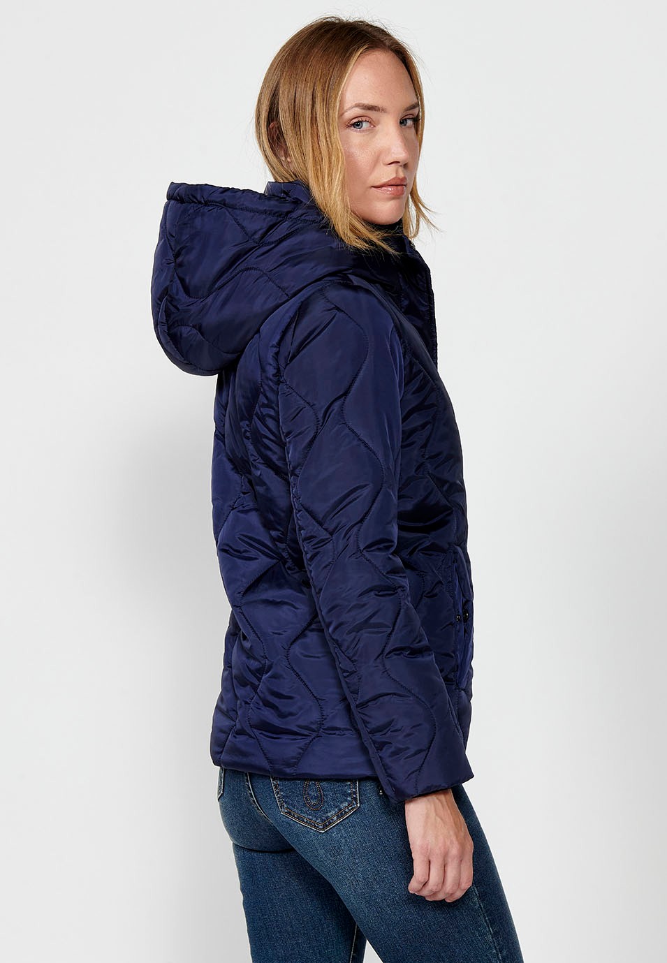 Women's Quilted Jacket with Lining and Short Pile Fabric on Top with Adjusters on Hood and Hem in Navy 2