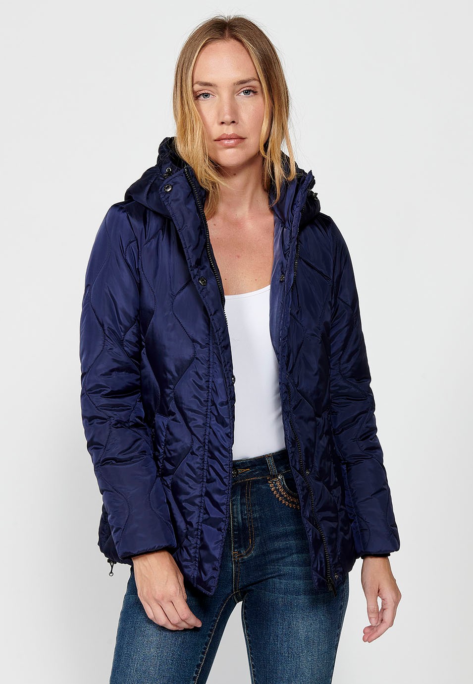 Women's Quilted Jacket with Lining and Short Pile Fabric on Top with Adjusters on Hood and Hem in Navy 4