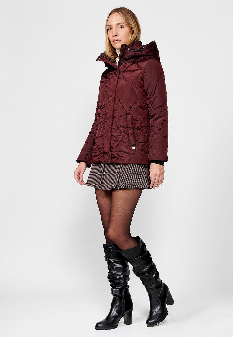 Women's Quilted Lined Jacket with Short Pile Fabric on Top with Hood and Hem Adjusters in Burgundy