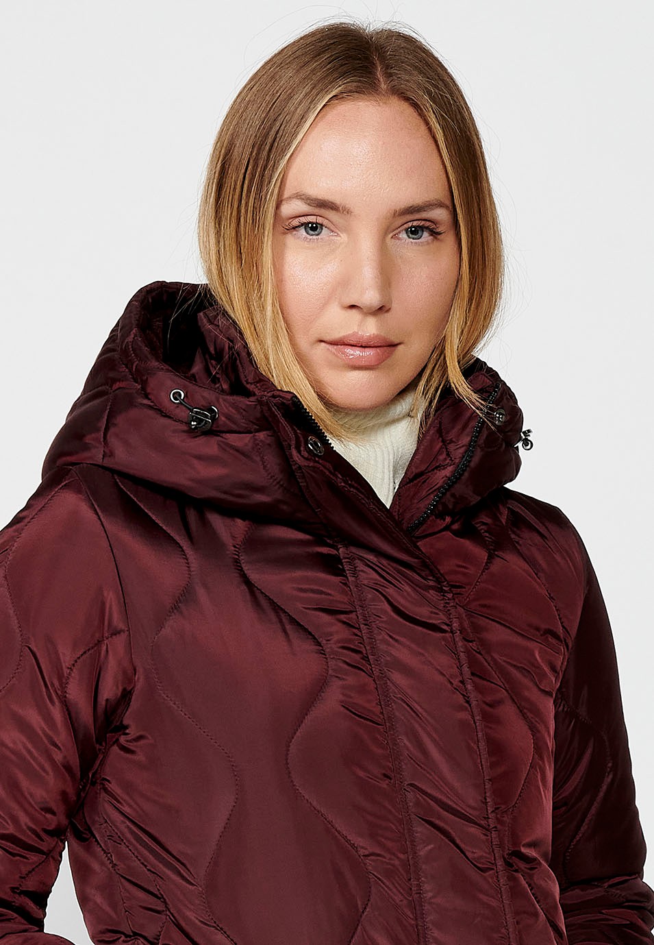 Women's Quilted Lined Jacket with Short Pile Fabric on Top with Hood and Hem Adjusters in Burgundy 5