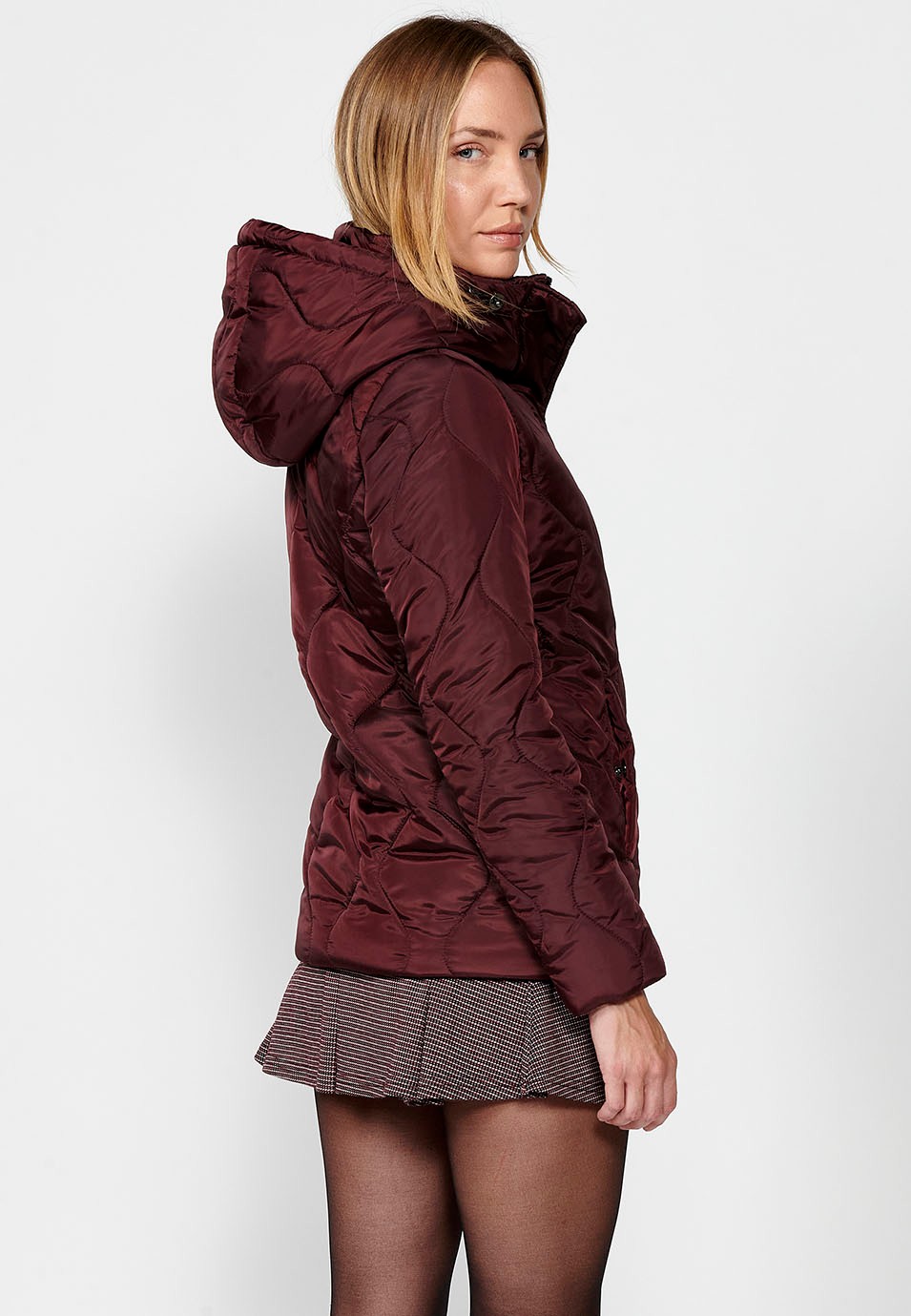 Women's Quilted Lined Jacket with Short Pile Fabric on Top with Hood and Hem Adjusters in Burgundy 7