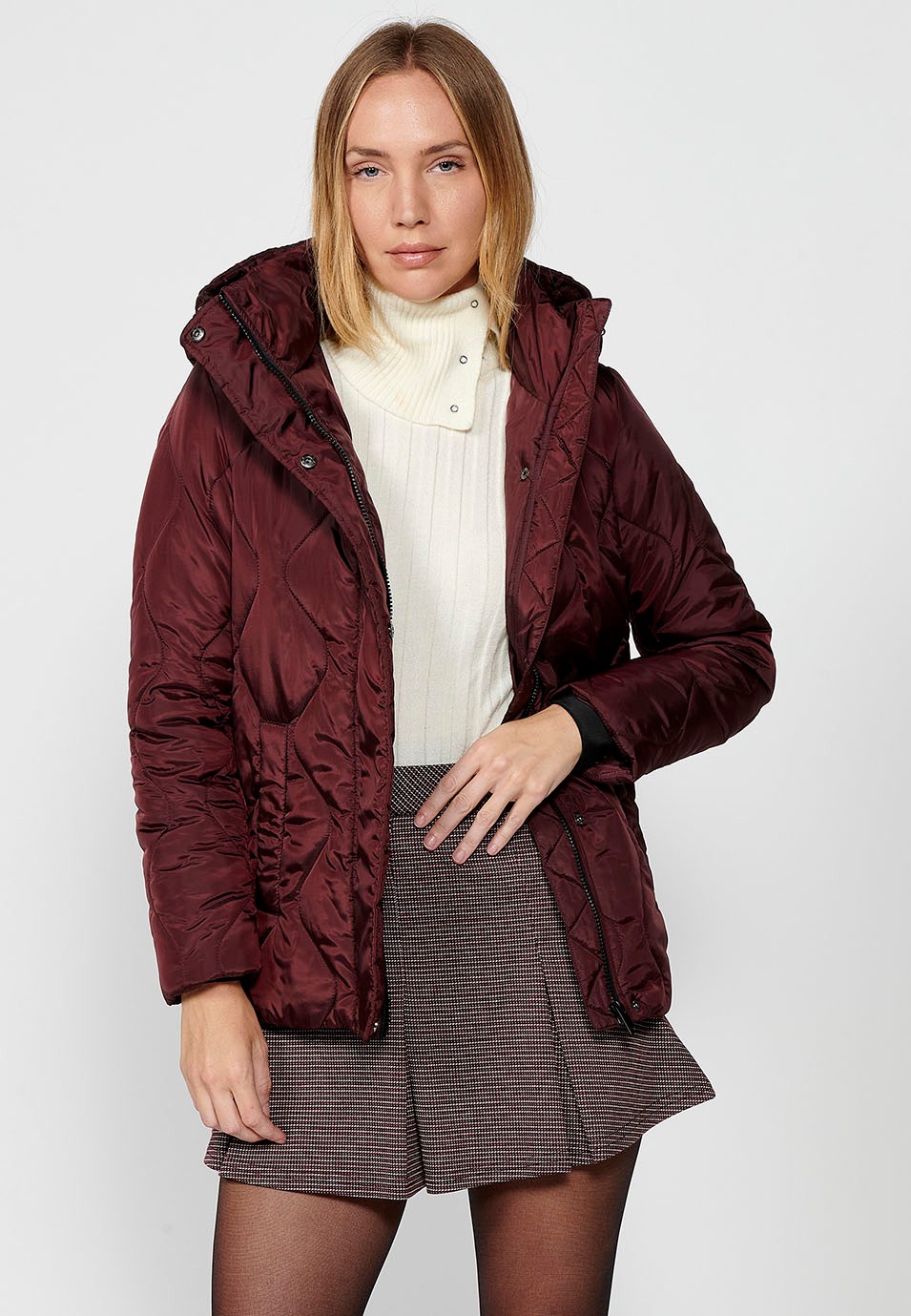 Women's Quilted Lined Jacket with Short Pile Fabric on Top with Hood and Hem Adjusters in Burgundy 8