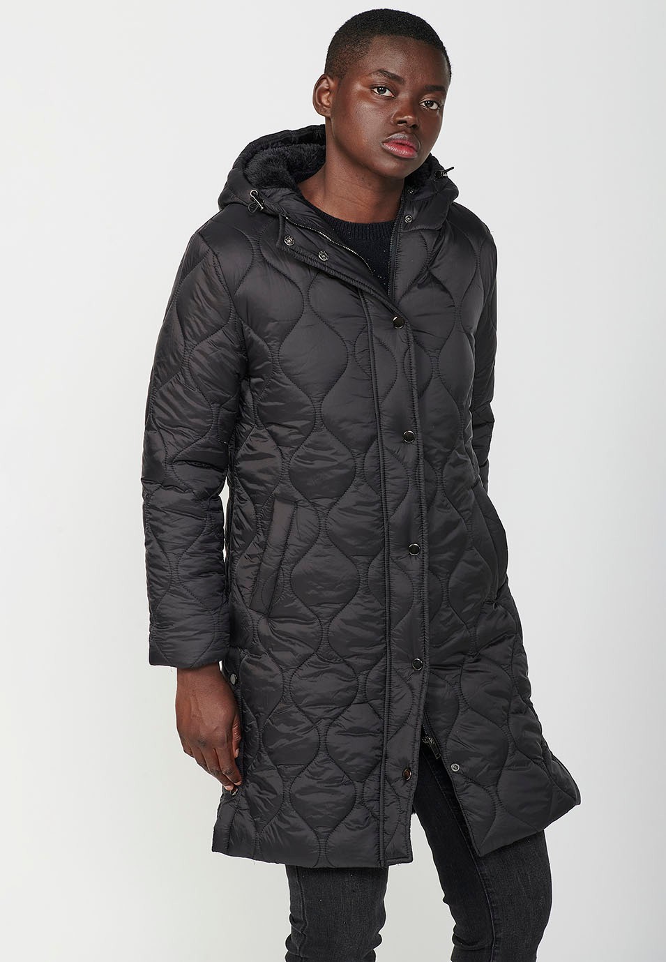 Women's Black Long Quilted Parka Jacket with Front Zip Closure and Flap