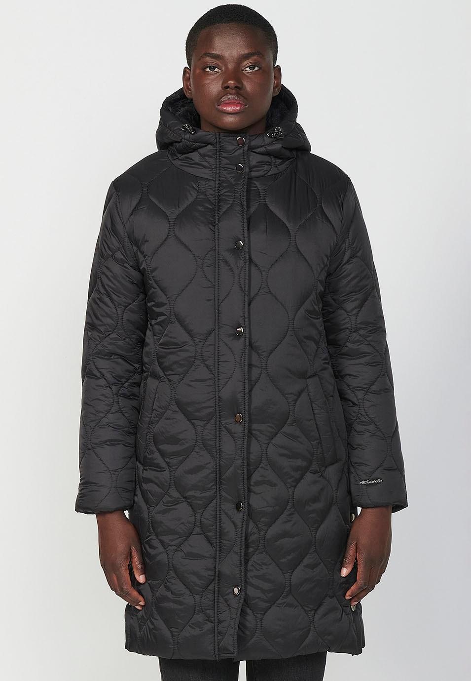 Women's Black Long Quilted Parka Jacket with Front Zip Closure and Flap