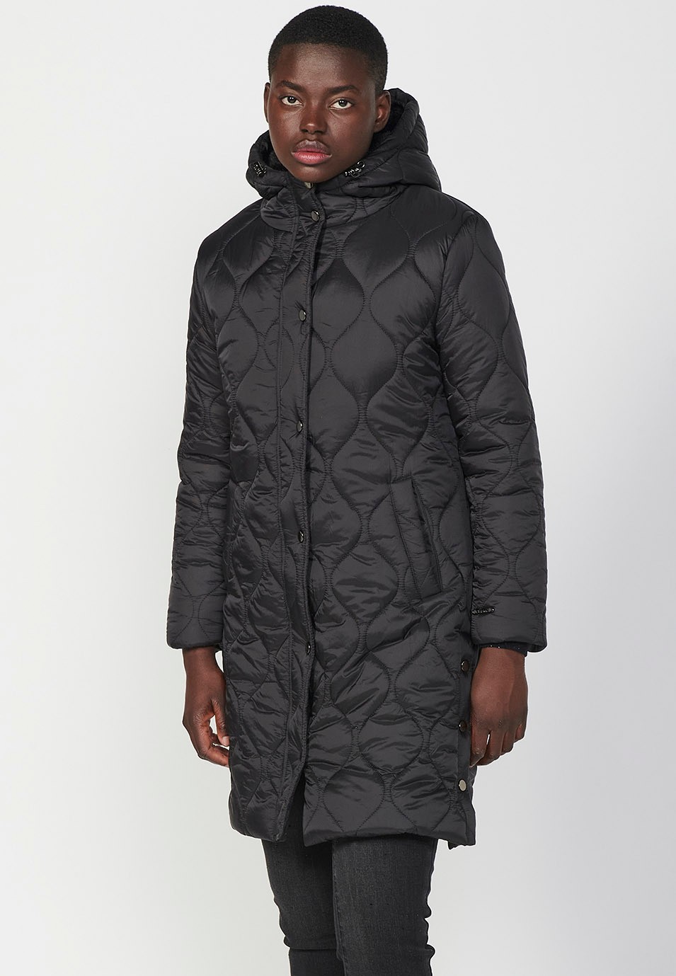 Women's Black Long Quilted Parka Jacket with Front Zip Closure and Flap