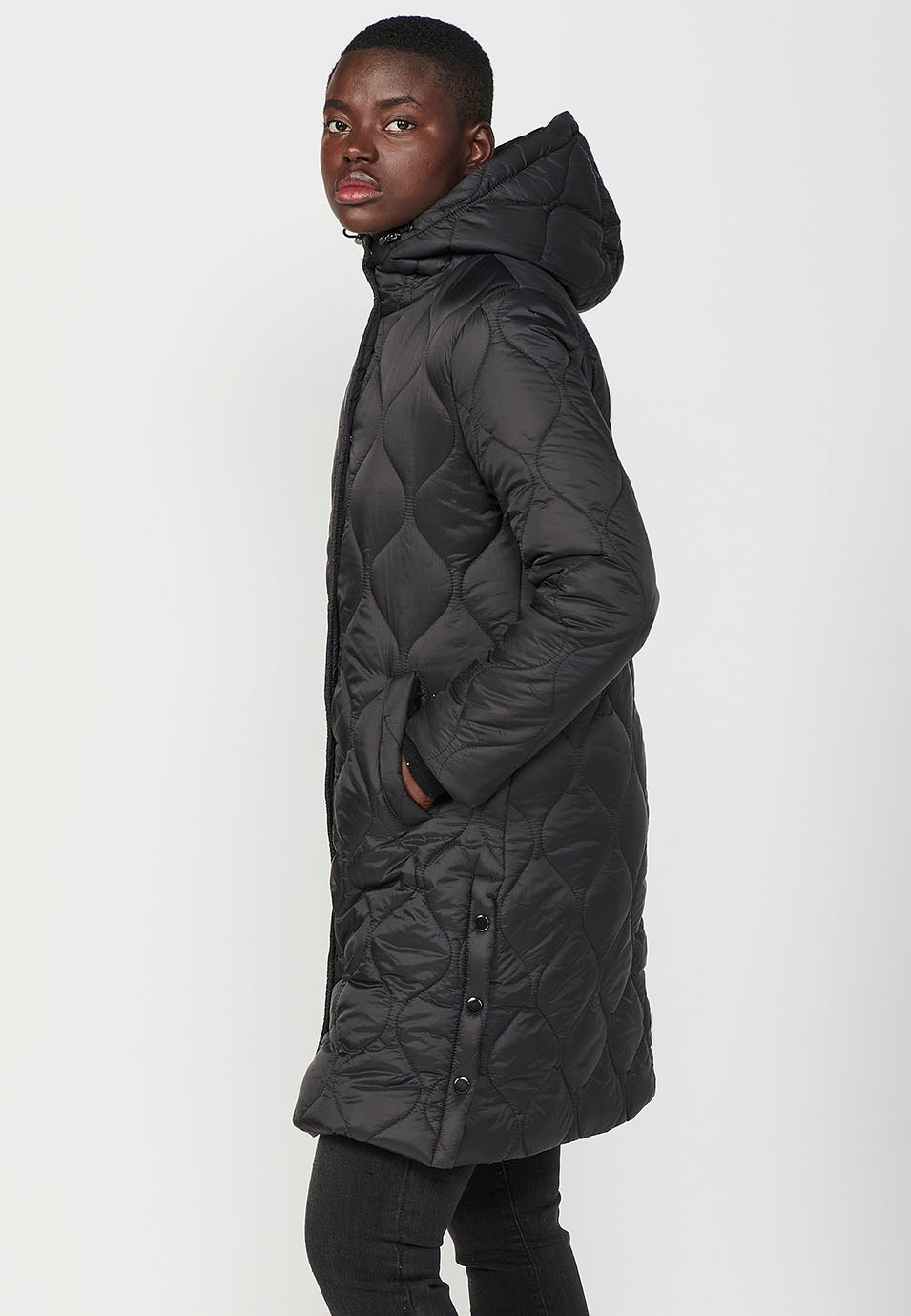 Women's Black Long Quilted Parka Jacket with Front Zip Closure and Flap